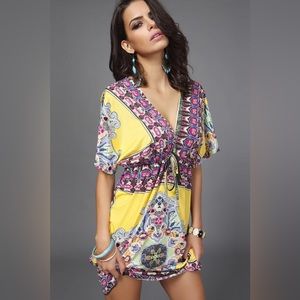 Printed deep v mini dress/ coverup OS new